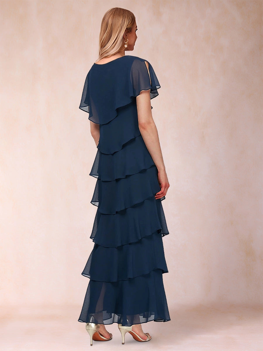 Elegant A-Line V-Neck Flutter Sleeve Closed Back Tiered Ankle-Length Mother of the Bride Dress