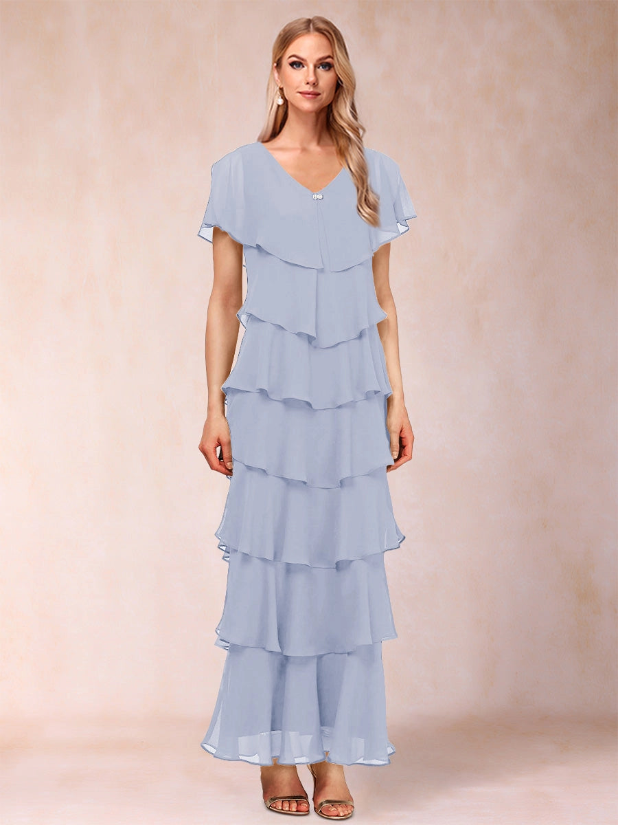 Elegant A-Line V-Neck Flutter Sleeve Closed Back Tiered Ankle-Length Mother of the Bride Dress