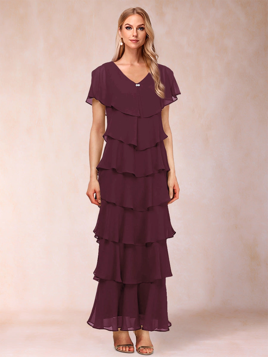Elegant A-Line V-Neck Flutter Sleeve Closed Back Tiered Ankle-Length Mother of the Bride Dress