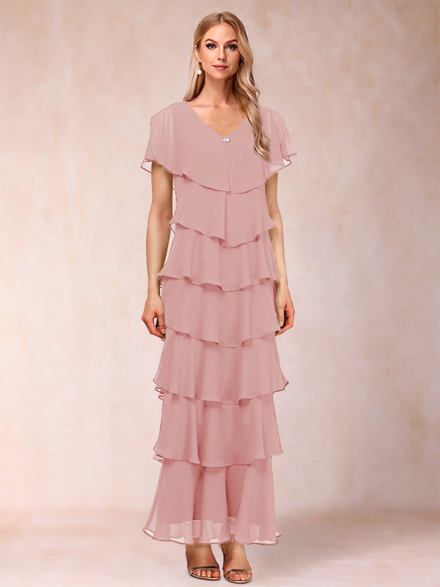 Elegant A-Line V-Neck Flutter Sleeve Closed Back Tiered Ankle-Length Mother of the Bride Dress
