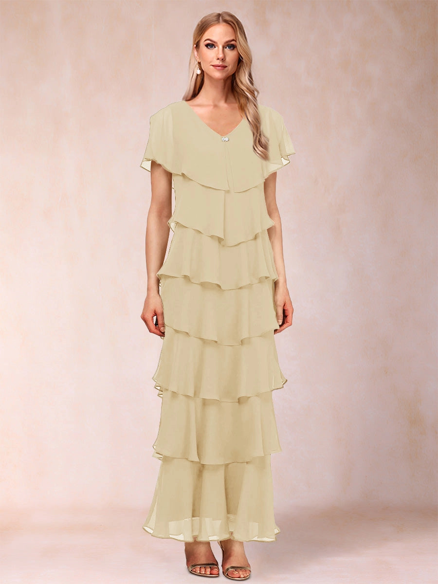 Elegant A-Line V-Neck Flutter Sleeve Closed Back Tiered Ankle-Length Mother of the Bride Dress