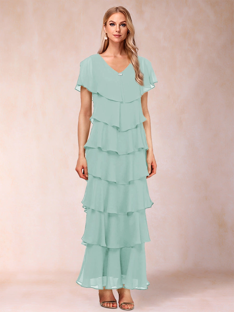Elegant A-Line V-Neck Flutter Sleeve Closed Back Tiered Ankle-Length Mother of the Bride Dress