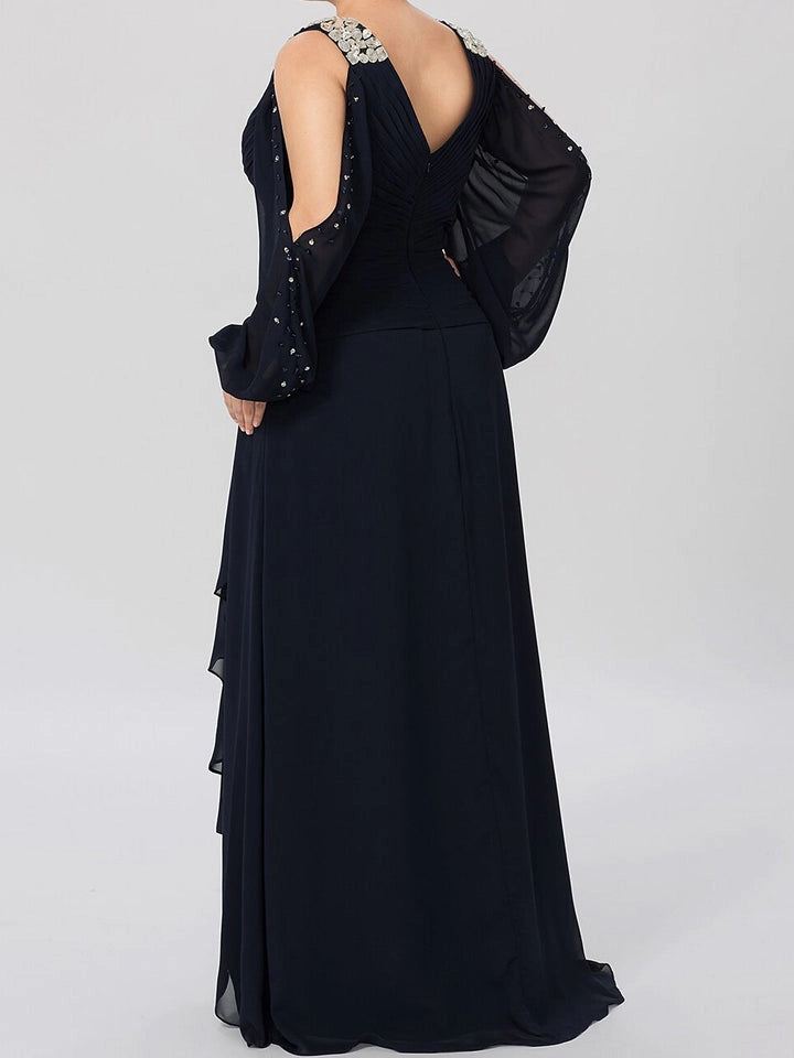 Elegant A-Line V-Neck Cold Shoulder Long Sleeve V-Back Floor Length Mother of the Bride Dress