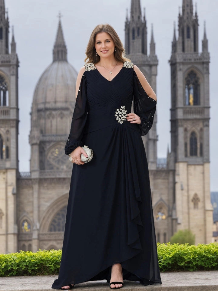 Navy blue A-line Mother of the Bride Dress with V-neckline, cold shoulder chiffon sleeves, jeweled accents and cascading skirt by Loverlm.