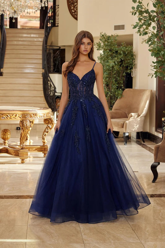Loverlm navy blue prom dress with V-neck spaghetti straps embellished corset bodice and layered tulle A-line skirt