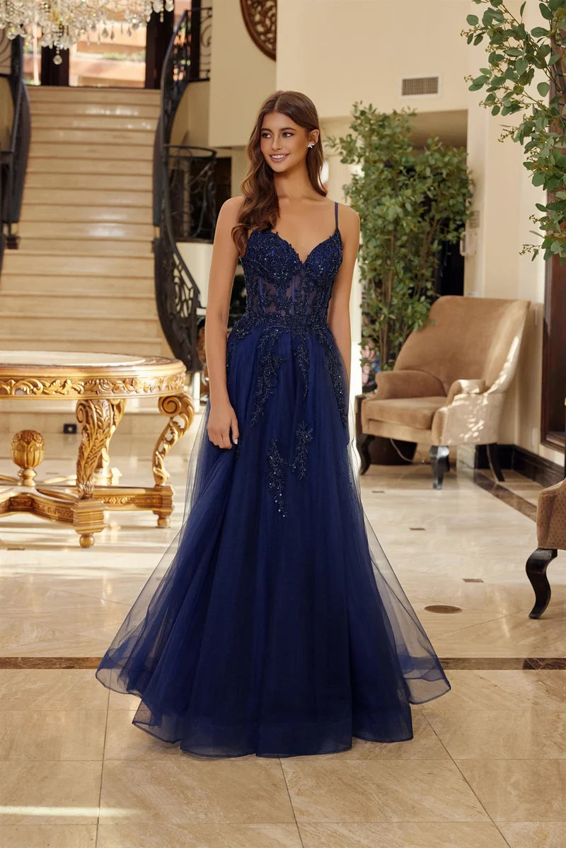 Elegant A-Line V-Neck Spaghetti-Strap Lace-Up Floor-Length Prom Dress