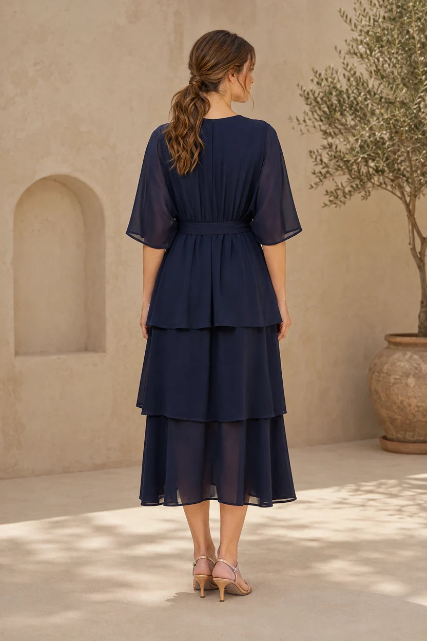 Elegant A-Line V-Neck Flutter Sleeve Chiffon Midi Mother of the Bride Dress
