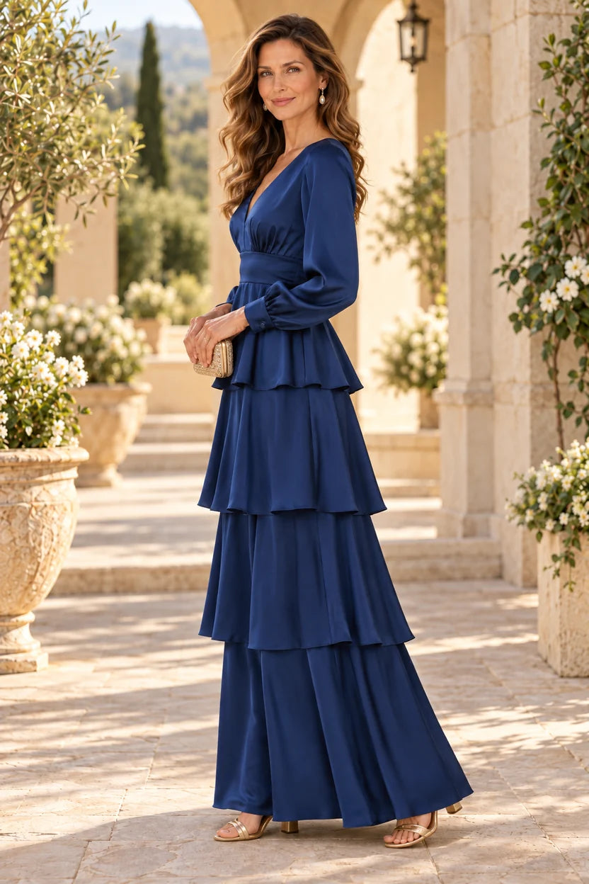 Elegant A-Line V-Neck Long Sleeve Satin Maxi Mother of the Bride Dress