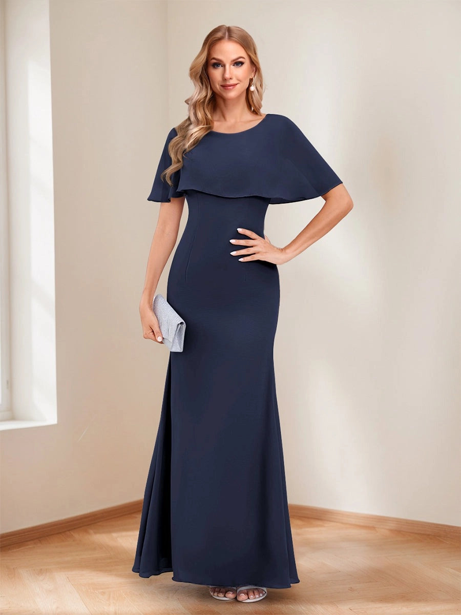Loverlm navy blue mother of the bride dress with bateau neckline, short cape sleeves and fitted floor-length trumpet skirt front view