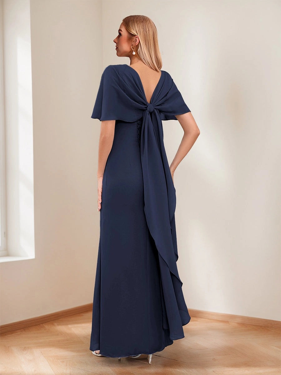 Elegant Trumpet Bateau-Neck Cape-Sleeve Knot-Back Floor-Length Mother of the Bride Dress
