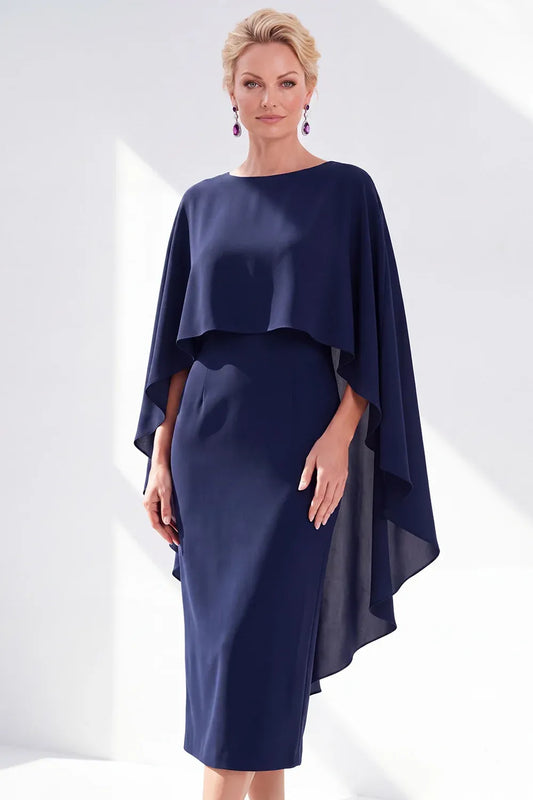 Refined Chiffon Sheath Bateau Cape-Sleeve Zipper-Back Midi Mother of the Bride Dress