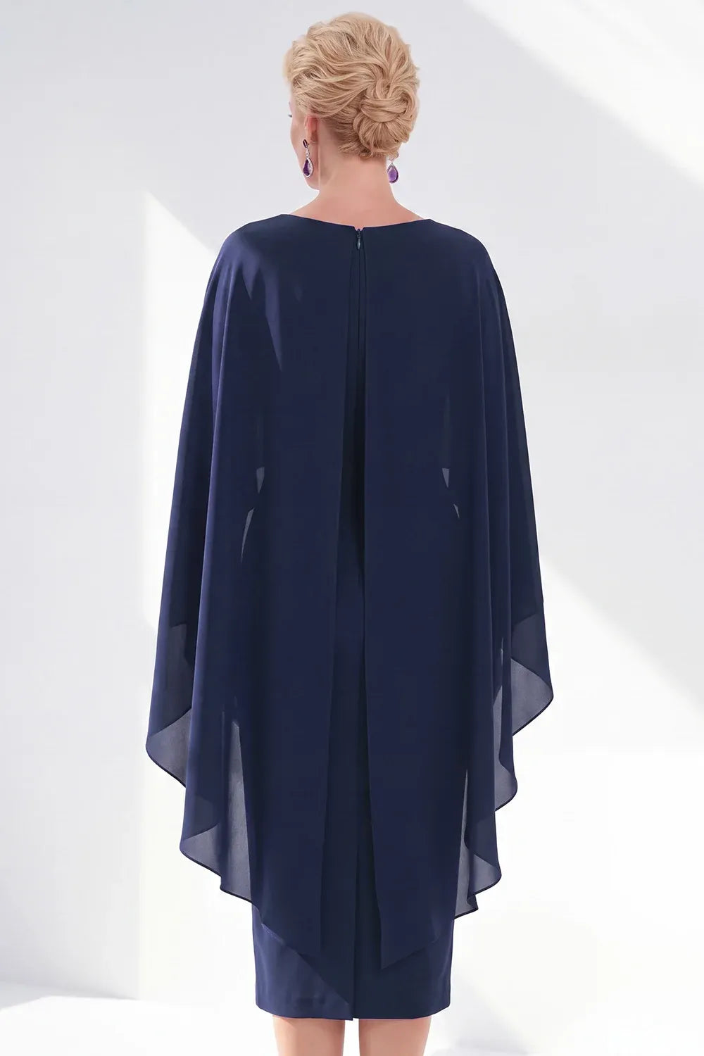 Refined Chiffon Sheath Bateau Cape-Sleeve Zipper-Back Midi Mother of the Bride Dress