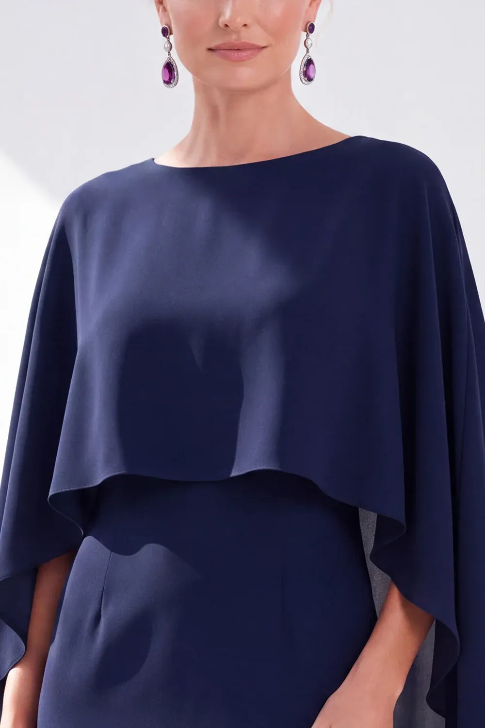 Refined Chiffon Sheath Bateau Cape-Sleeve Zipper-Back Midi Mother of the Bride Dress