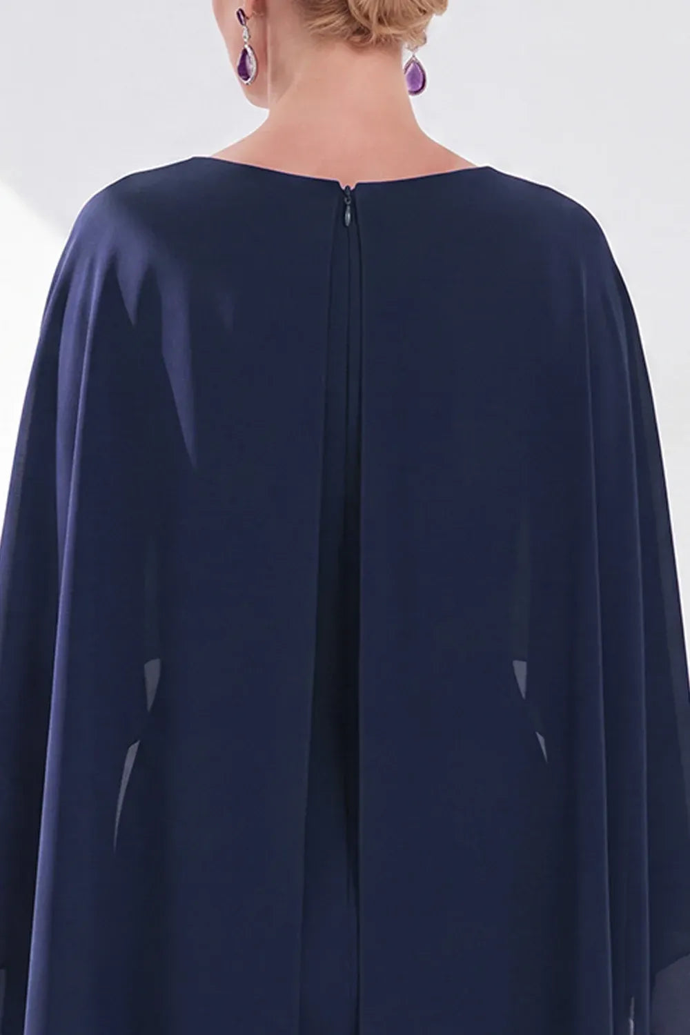 Refined Chiffon Sheath Bateau Cape-Sleeve Zipper-Back Midi Mother of the Bride Dress