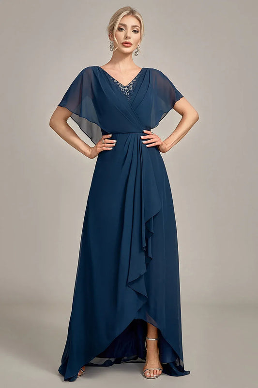Loverlm navy chiffon mother of the bride dress with an embellished V-neck, cape sleeves and cascading ruffles on a high-low skirt.