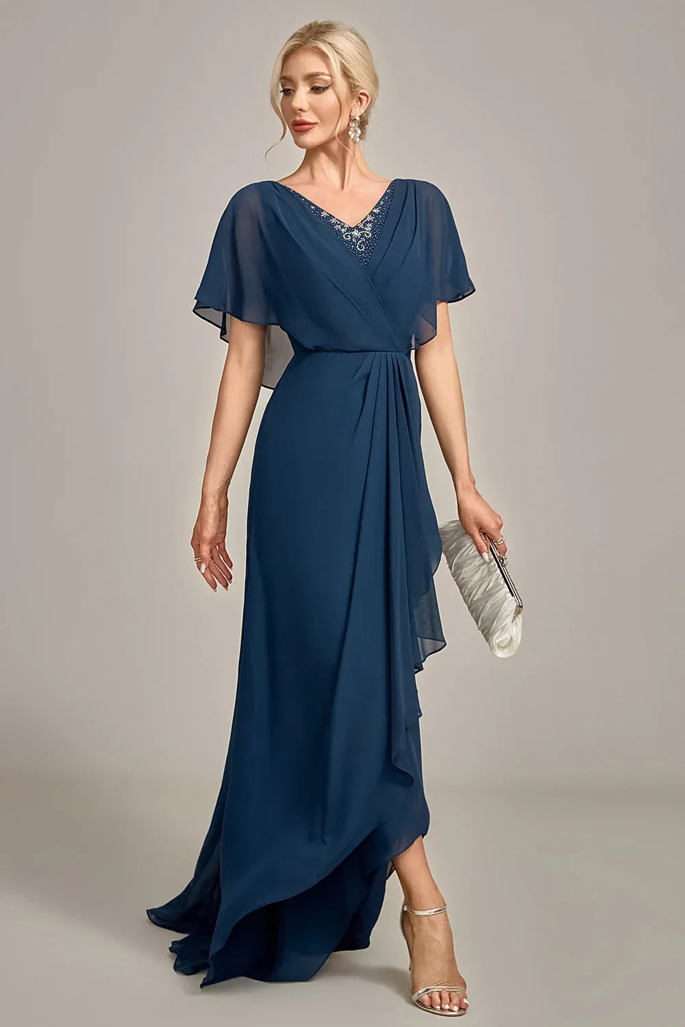 Elegant Chiffon A-Line V-Neck Cape-Sleeve V-Back High-Low Mother of the Bride Dress