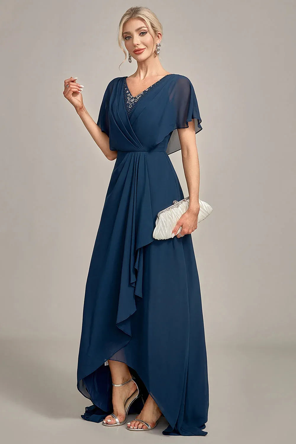 Elegant Chiffon A-Line V-Neck Cape-Sleeve V-Back High-Low Mother of the Bride Dress