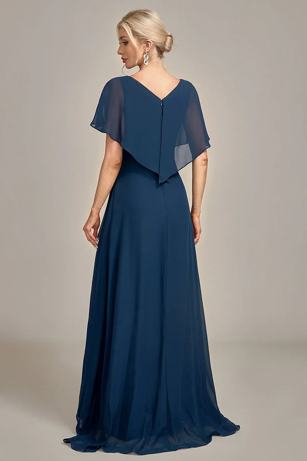 Elegant Chiffon A-Line V-Neck Cape-Sleeve V-Back High-Low Mother of the Bride Dress