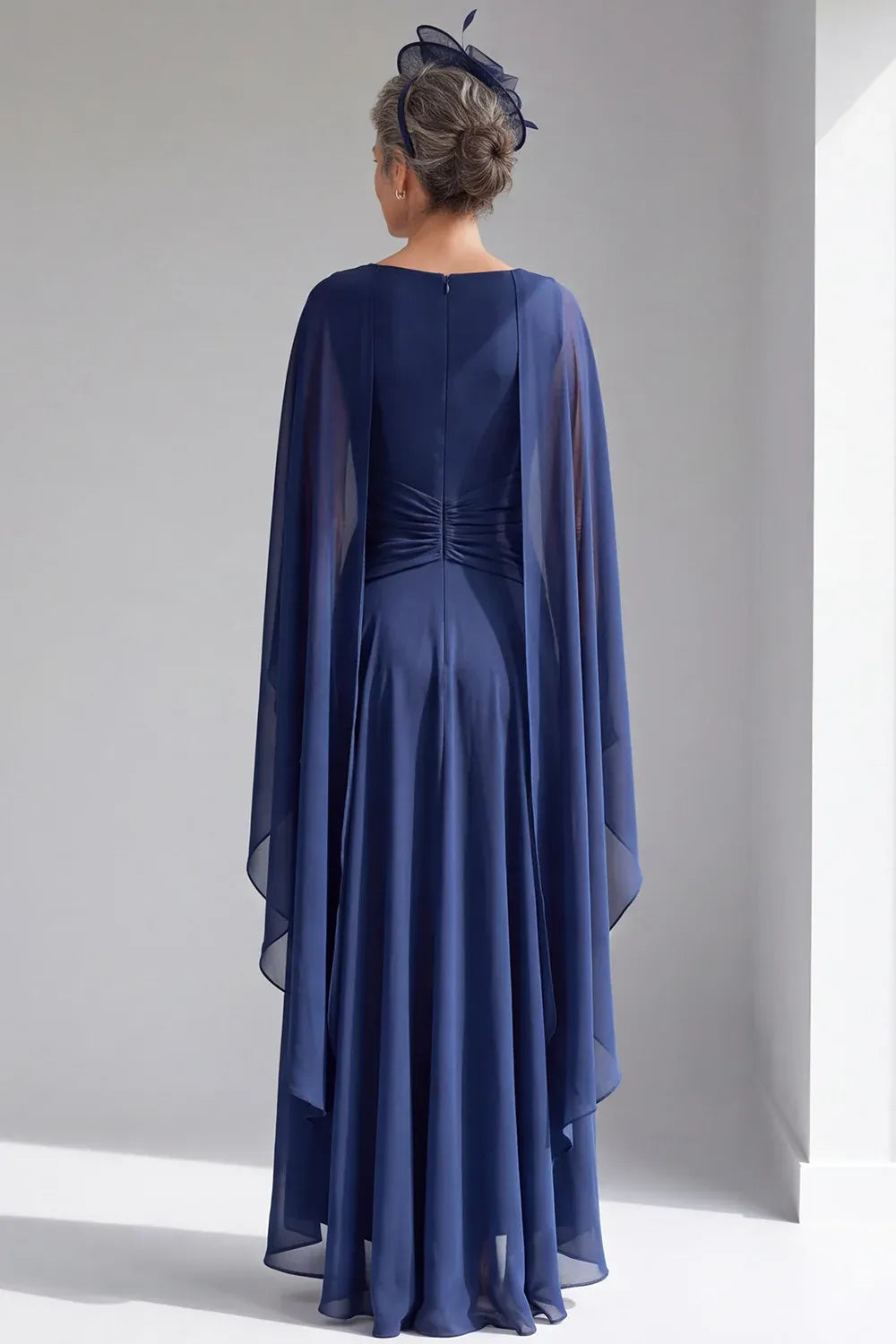 Regal Chiffon A-Line Bateau Cape-Sleeve Zipper-Back High-Low Mother of the Bride Dress