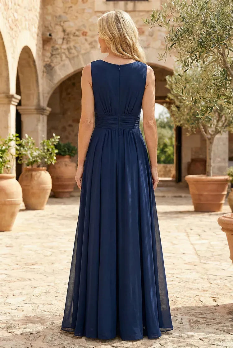 Elegant A-Line V-Neck Sleeveless Chiffon Floor-Length Mother of the Bride Dress