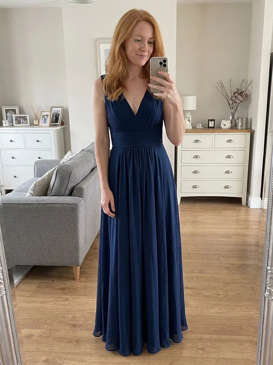 Elegant A-Line V-Neck Sleeveless Chiffon Floor-Length Mother of the Bride Dress