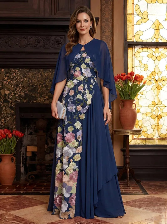 Loverlm navy Mother of the Bride dress with cape sleeves multicolor floral embroidered front panel and floor-length formal skirt