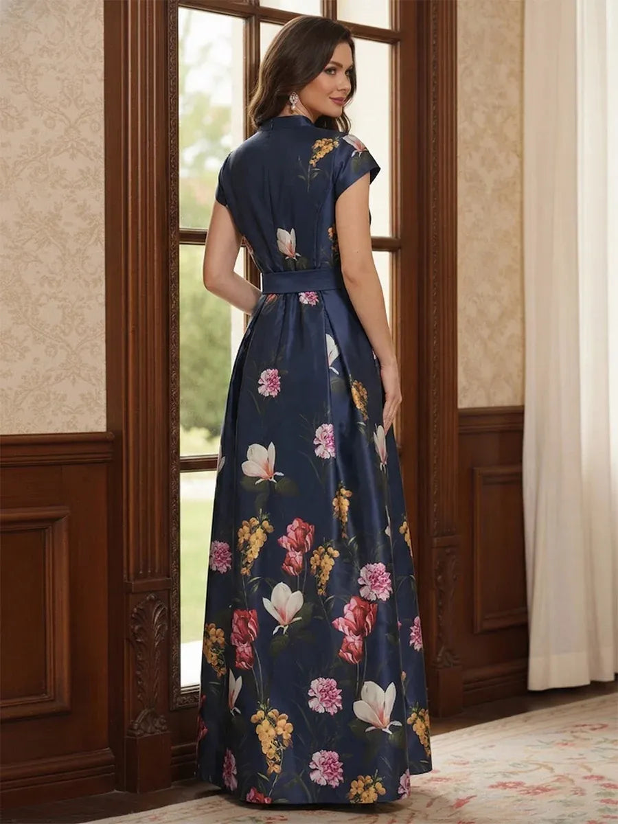 Elegant A-Line Collared Short Sleeve Button Back Floor-Length Mother of the Bride Dress