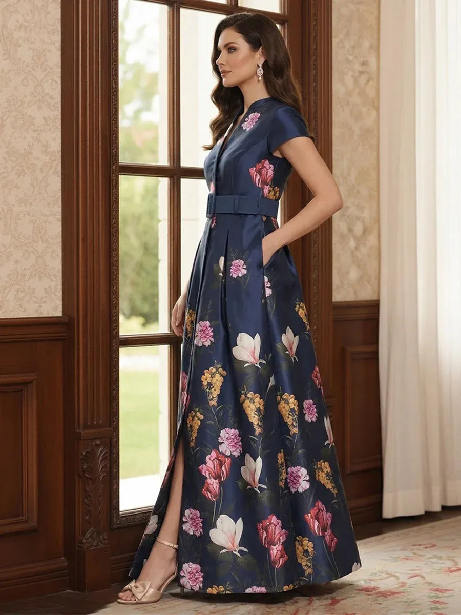 Elegant A-Line Collared Short Sleeve Button Back Floor-Length Mother of the Bride Dress