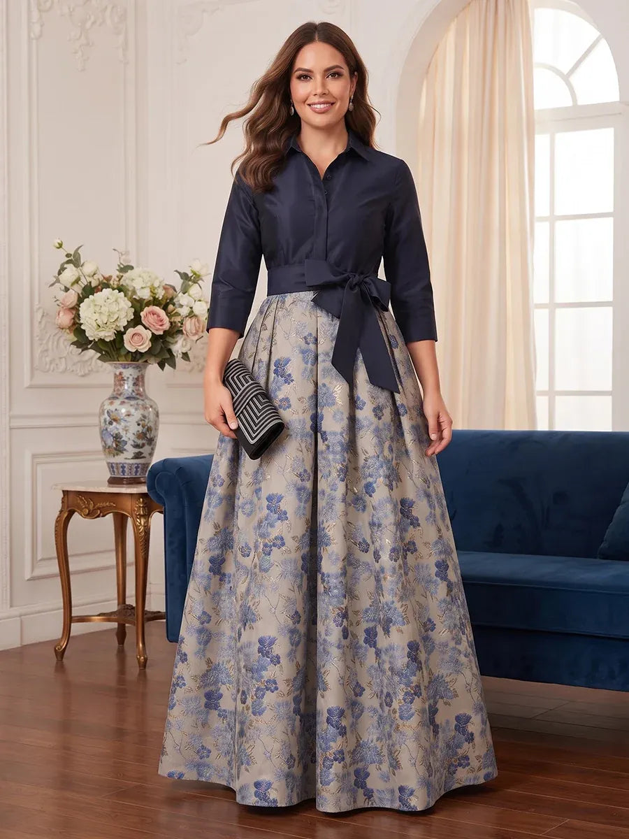 Loverlm navy floral Mother of the Bride dress with collared three-quarter sleeve bodice, bow waist and floor-length A-line skirt