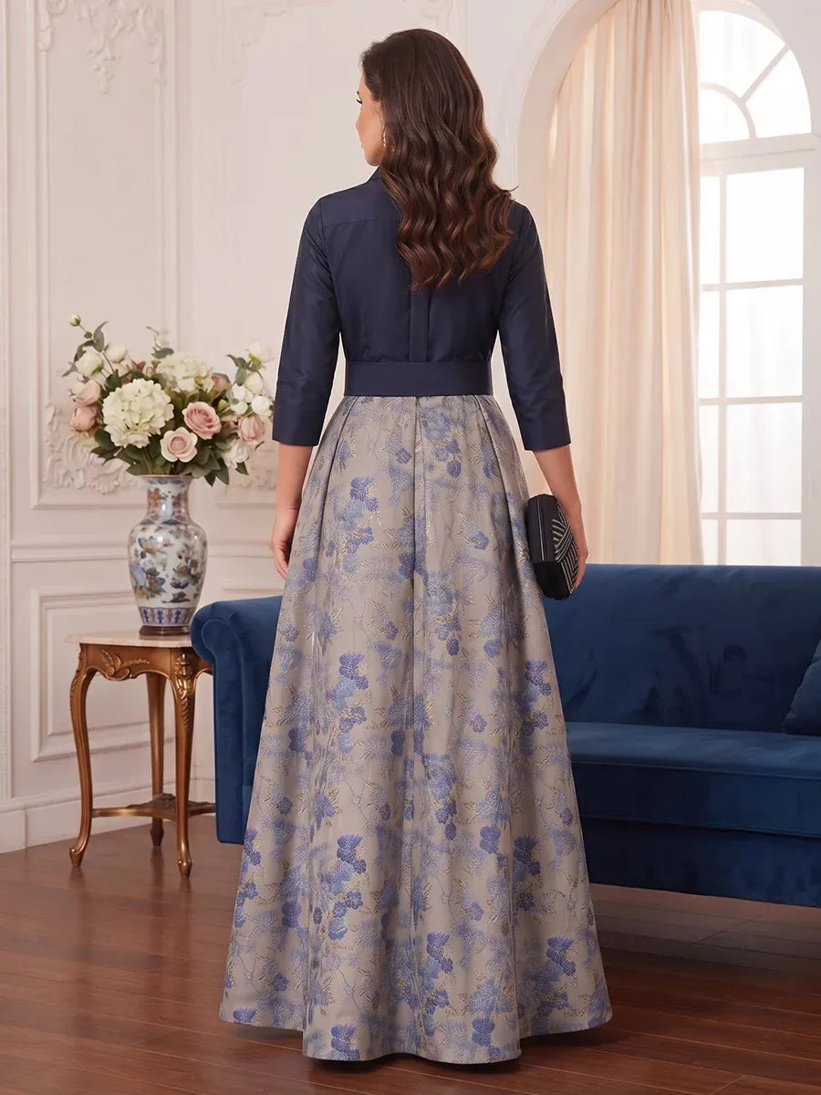 Elegant A-Line Collared Three Quarter Sleeve Covered Back Maxi Mother of the Bride Dress