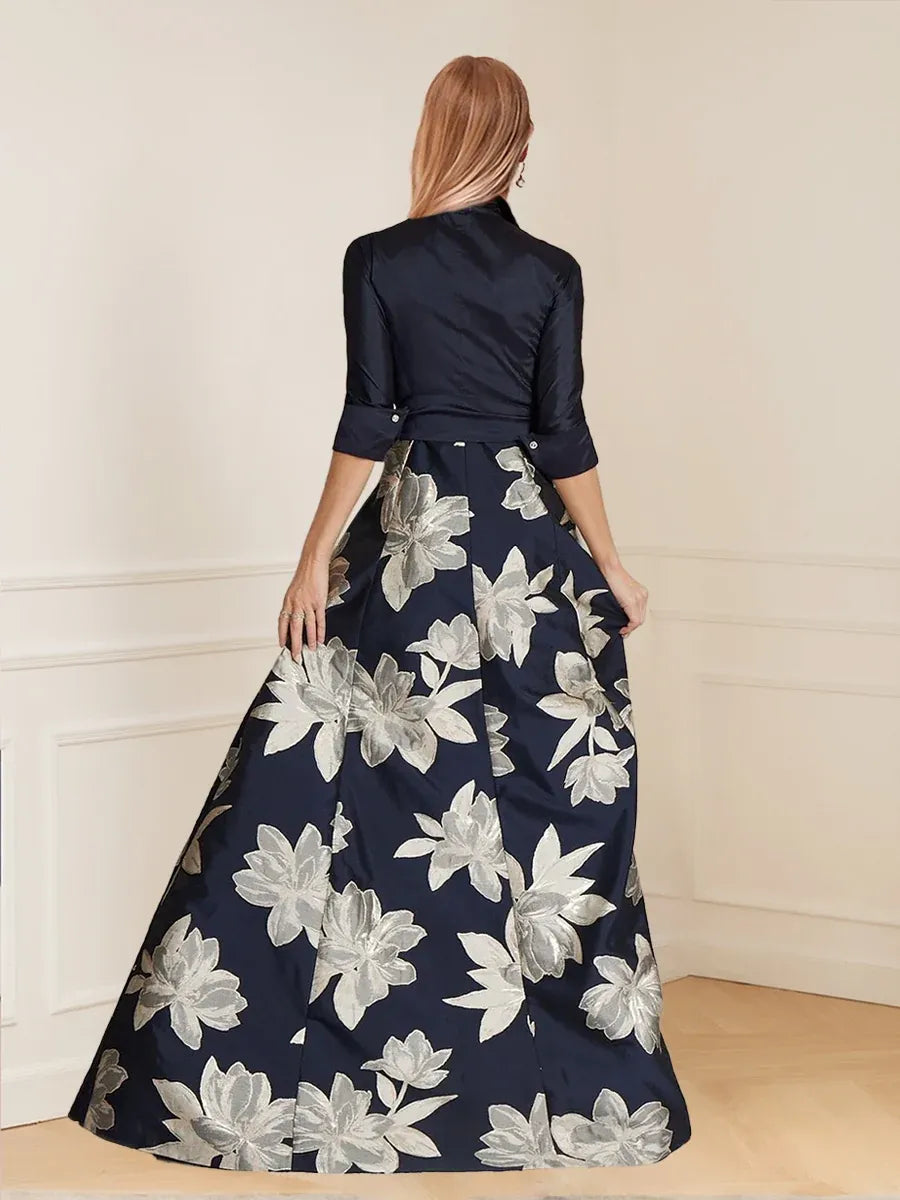 Elegant A-Line Collared Three-Quarter Sleeve Closed Back Floor-Length Mother of the Bride Dress
