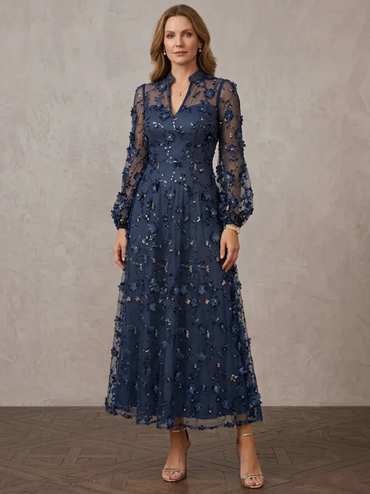 Loverlm navy Mother of the Bride dress with V-neck sheer long sleeves 3D floral appliqué sequins and tea-length A-line skirt