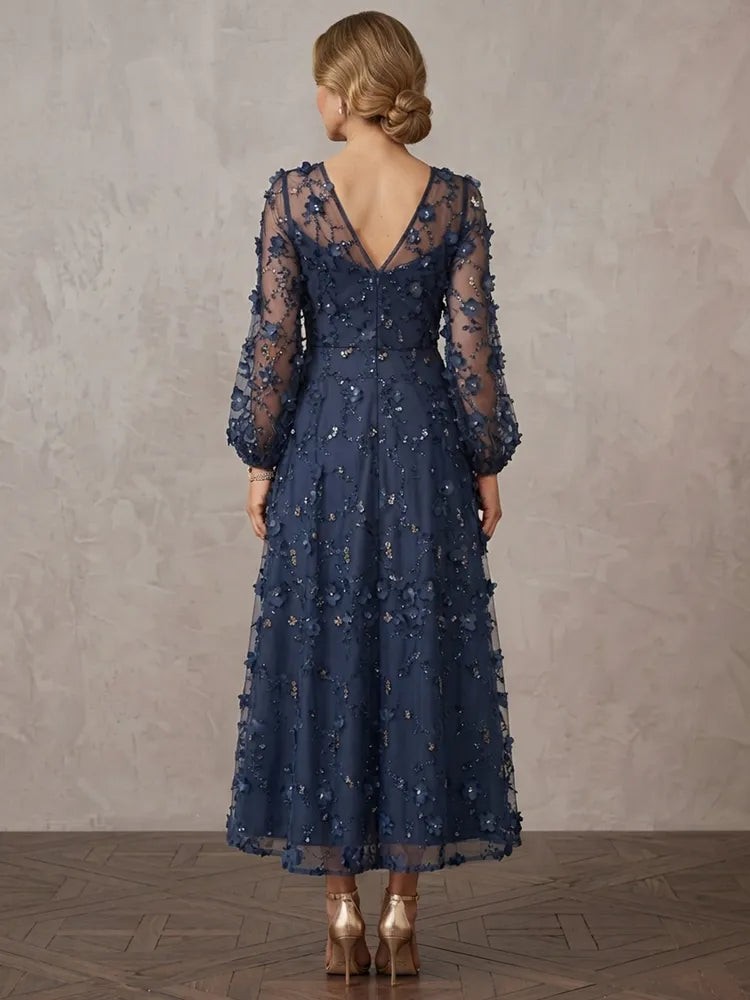 Elegant A-Line V-Neck Long-Sleeve Floral Tea-Length Mother of the Bride Dress
