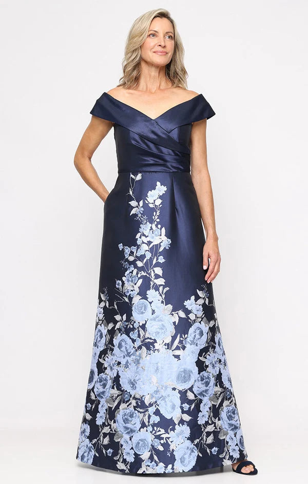 Loverlm navy floral Mother of the Bride dress with off-shoulder V-neck fitted bodice and floor-length A-line skirt