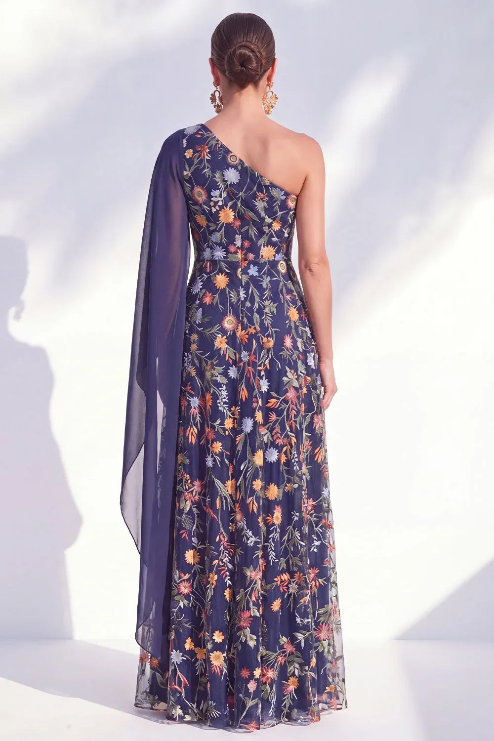 Elegant Tulle A-Line One-Shoulder Cape-Sleeve Asymmetric-Back Floor-Length Wedding Guest Dress
