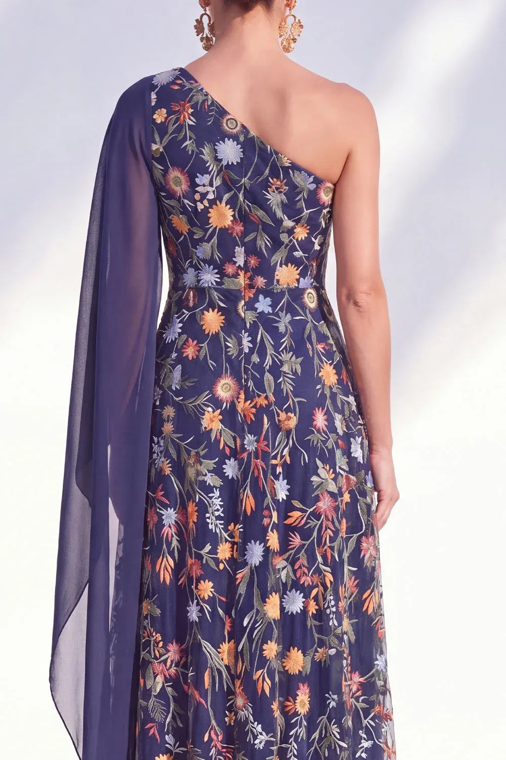 Elegant Tulle A-Line One-Shoulder Cape-Sleeve Asymmetric-Back Floor-Length Wedding Guest Dress
