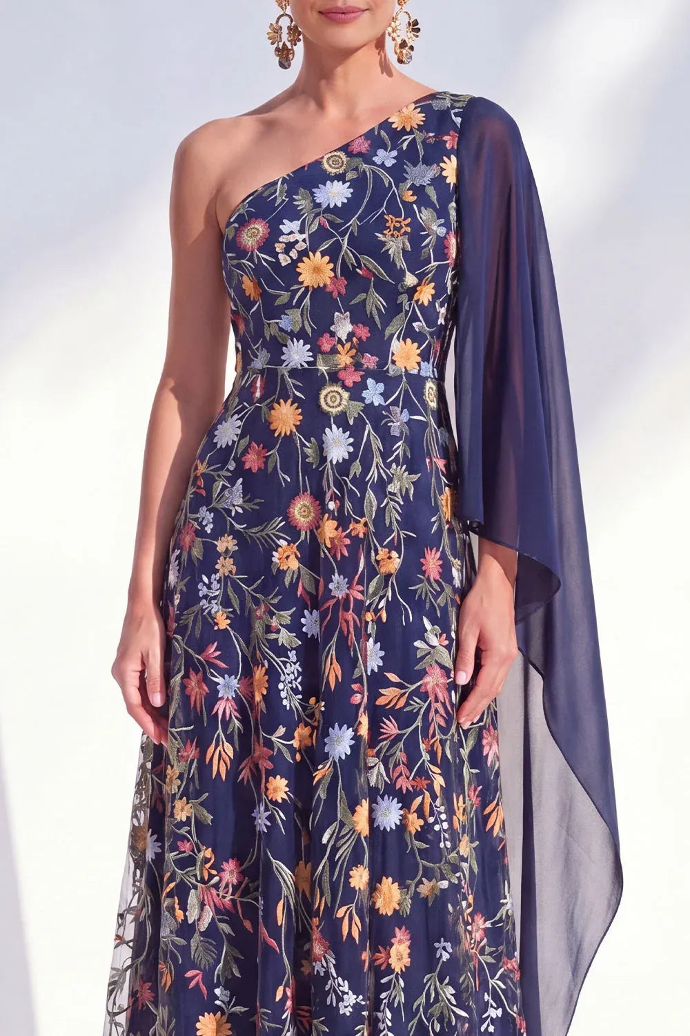 Elegant Tulle A-Line One-Shoulder Cape-Sleeve Asymmetric-Back Floor-Length Wedding Guest Dress