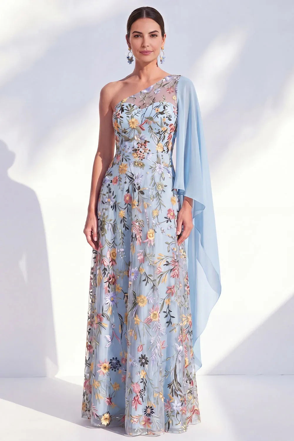 Elegant Tulle A-Line One-Shoulder Cape-Sleeve Asymmetric-Back Floor-Length Wedding Guest Dress