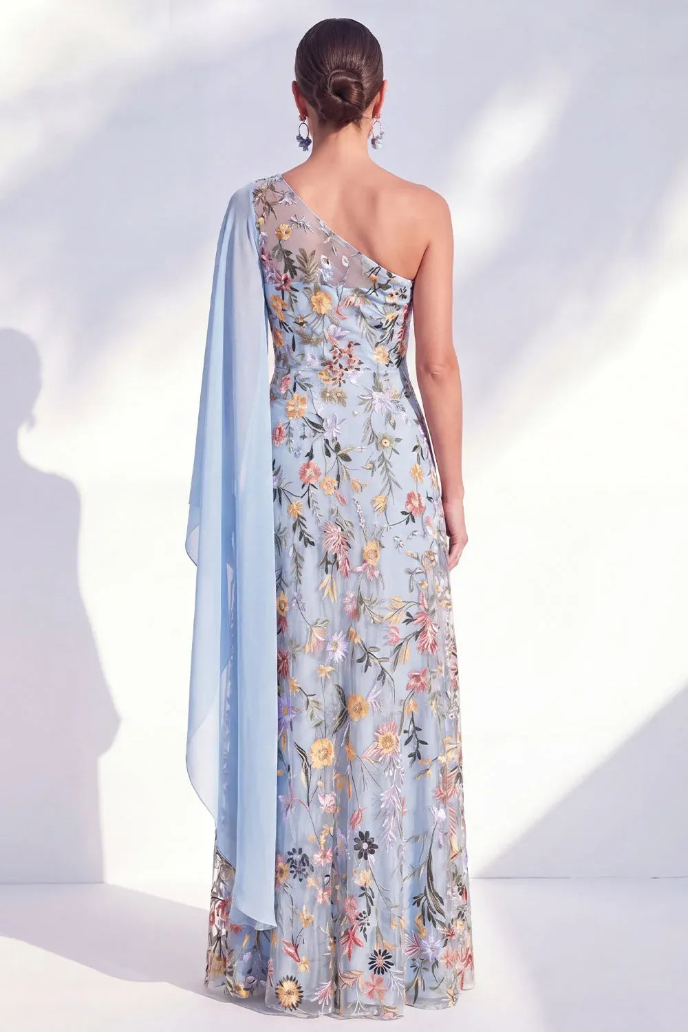 Elegant Tulle A-Line One-Shoulder Cape-Sleeve Asymmetric-Back Floor-Length Wedding Guest Dress