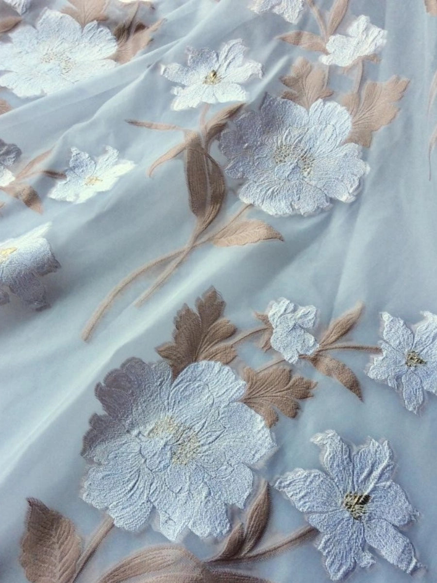 Elegant A-Line Illusion Round Neck Half Sleeve Closed Back Floral Tea Length Mother of the Bride Dress