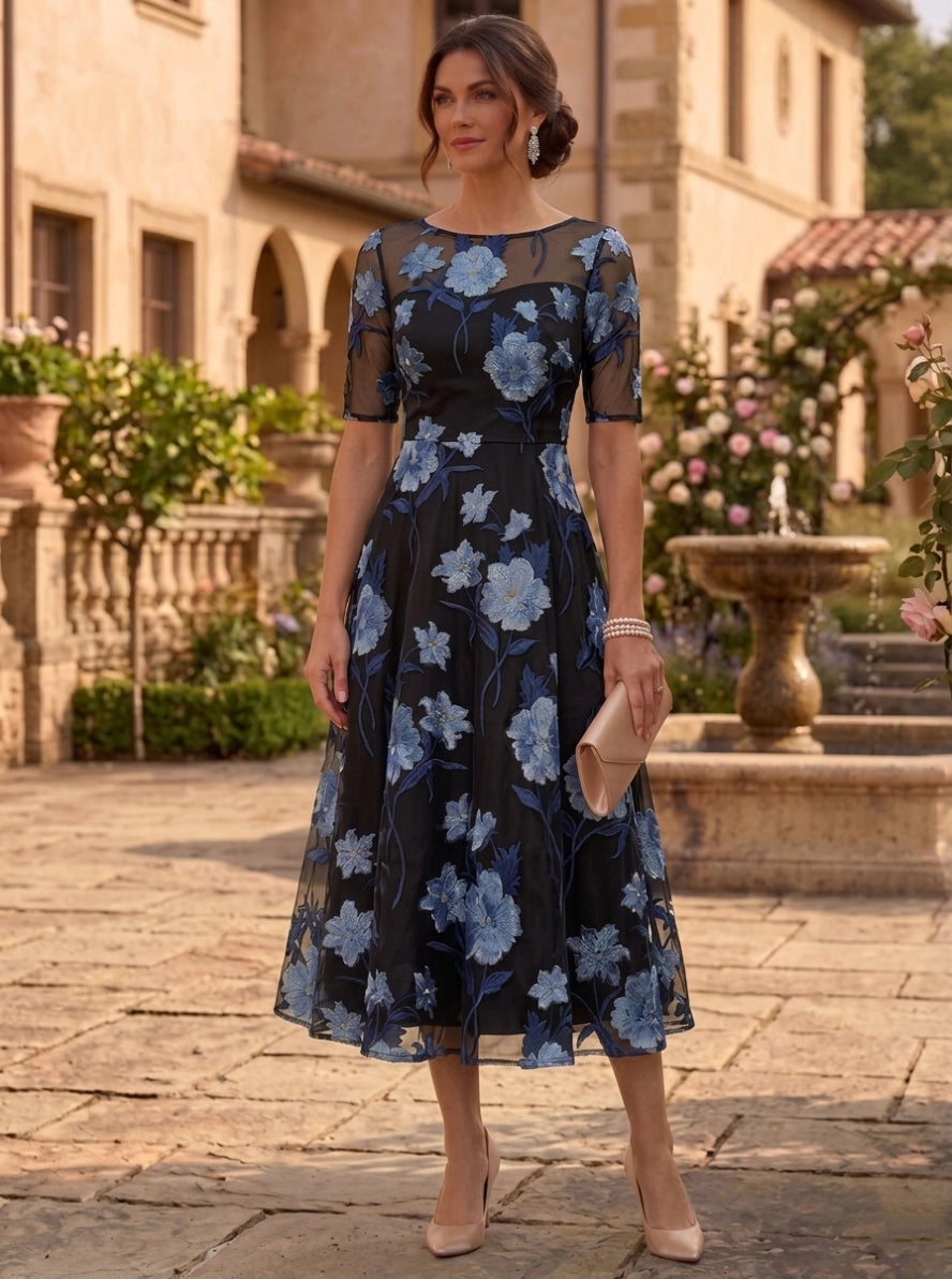 Navy blue floral embroidered A-line Mother of the Bride tea length dress with illusion neckline by Loverlm