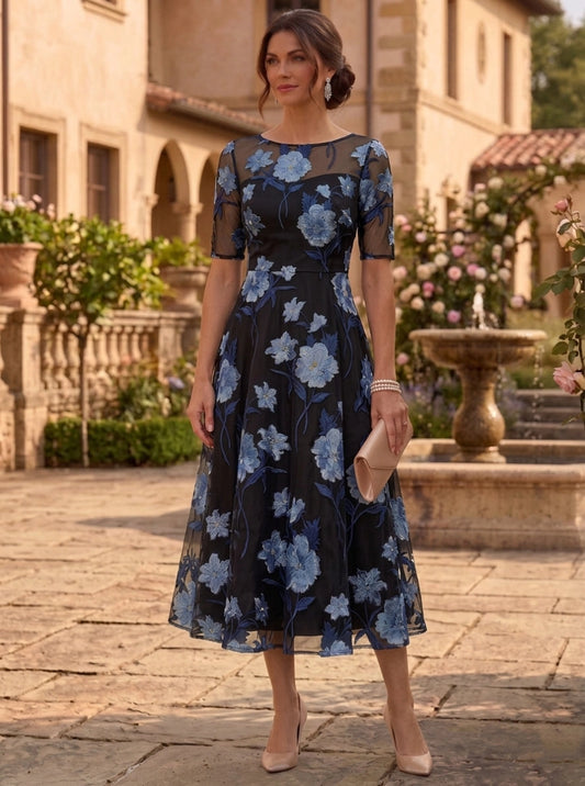 Navy blue floral embroidered A-line Mother of the Bride tea length dress with illusion neckline by Loverlm