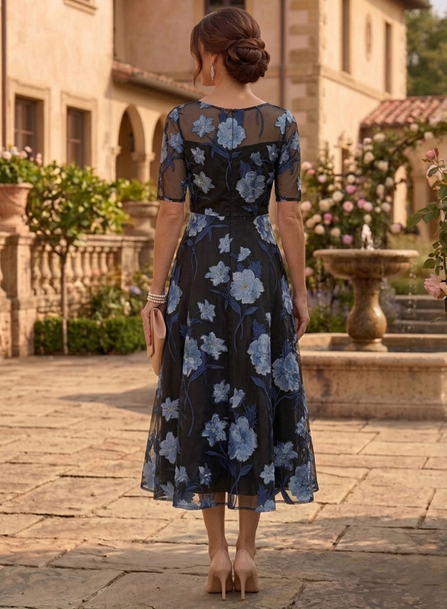Elegant A-Line Illusion Round Neck Half Sleeve Closed Back Floral Tea Length Mother of the Bride Dress