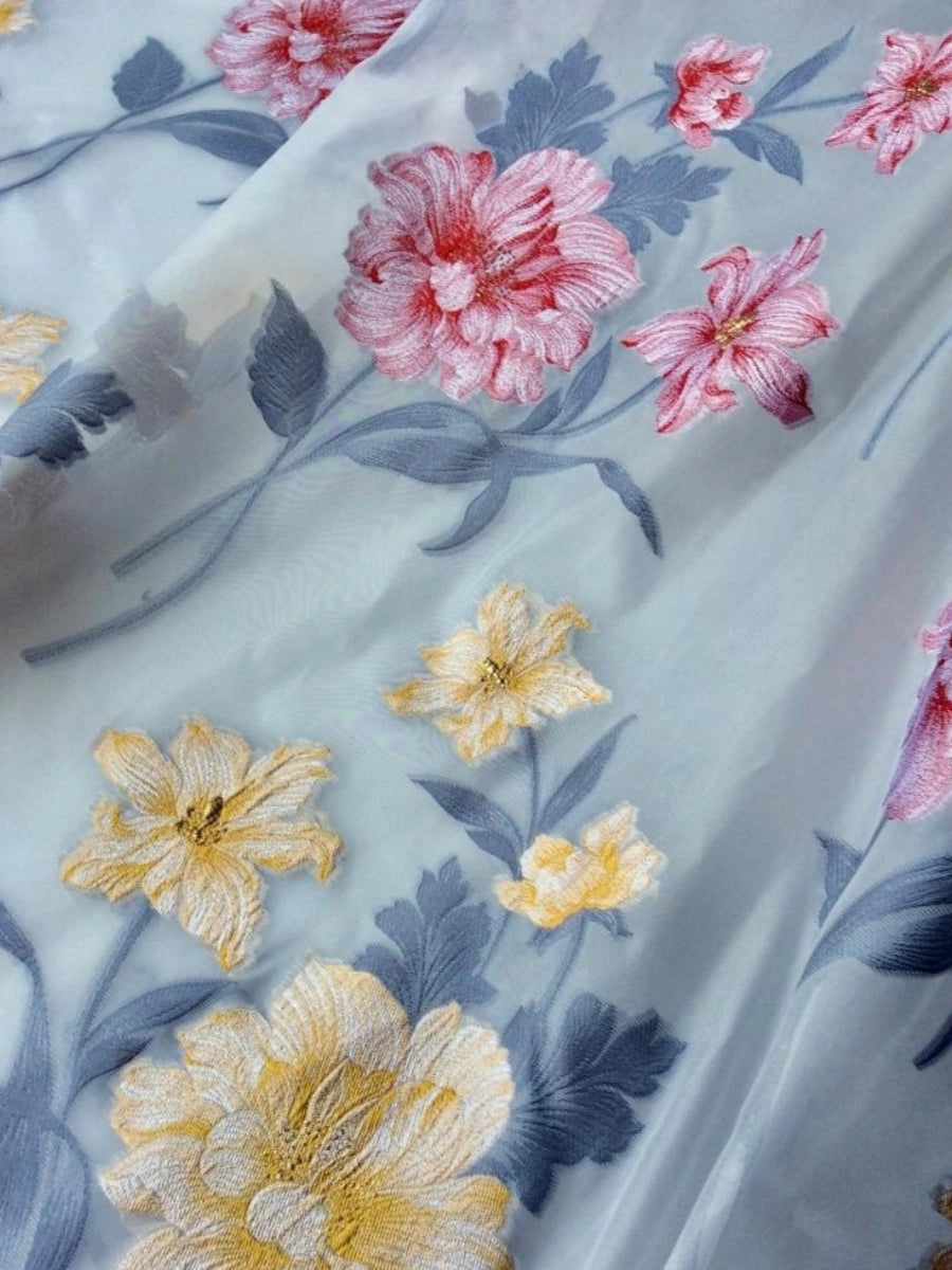 Elegant A-Line Illusion Round Neck Half Sleeve Closed Back Floral Tea Length Mother of the Bride Dress