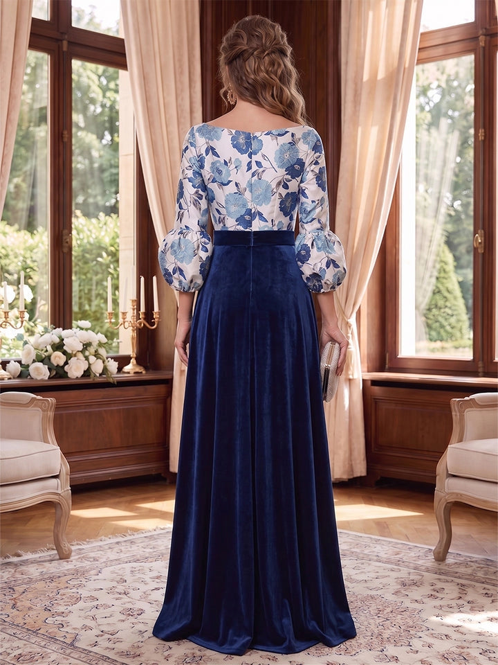 Elegant A-Line V-Neck Three-Quarter Sleeve Closed Back Front Slit Floor Length Mother of the Bride Dress