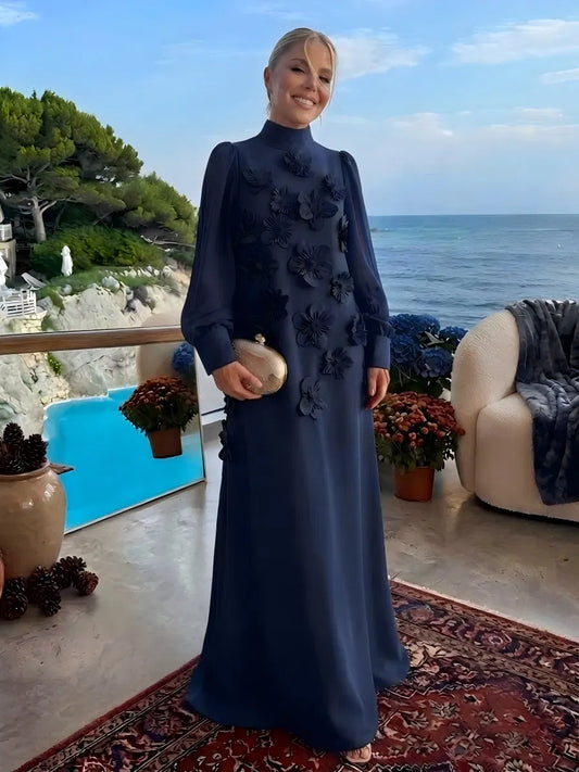 Loverlm navy Mother of the Bride dress with high neck sheer long sleeves floral appliqué and floor-length A-line skirt