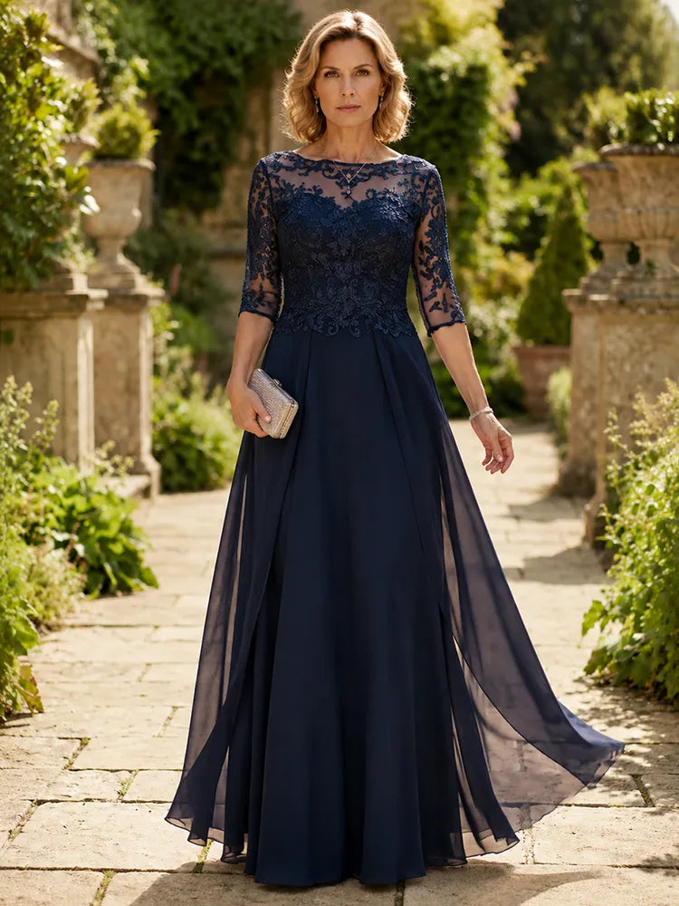 Loverlm navy Mother of the Bride dress with illusion neckline lace bodice elbow sleeves and floor-length chiffon A-line skirt
