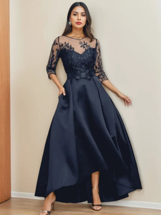 Loverlm navy lace sleeve high-low mother of the bride dress