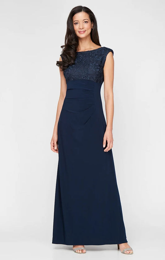Loverlm navy Mother of the Bride dress with boat neckline lace bodice ruched waist and elegant floor-length skirt