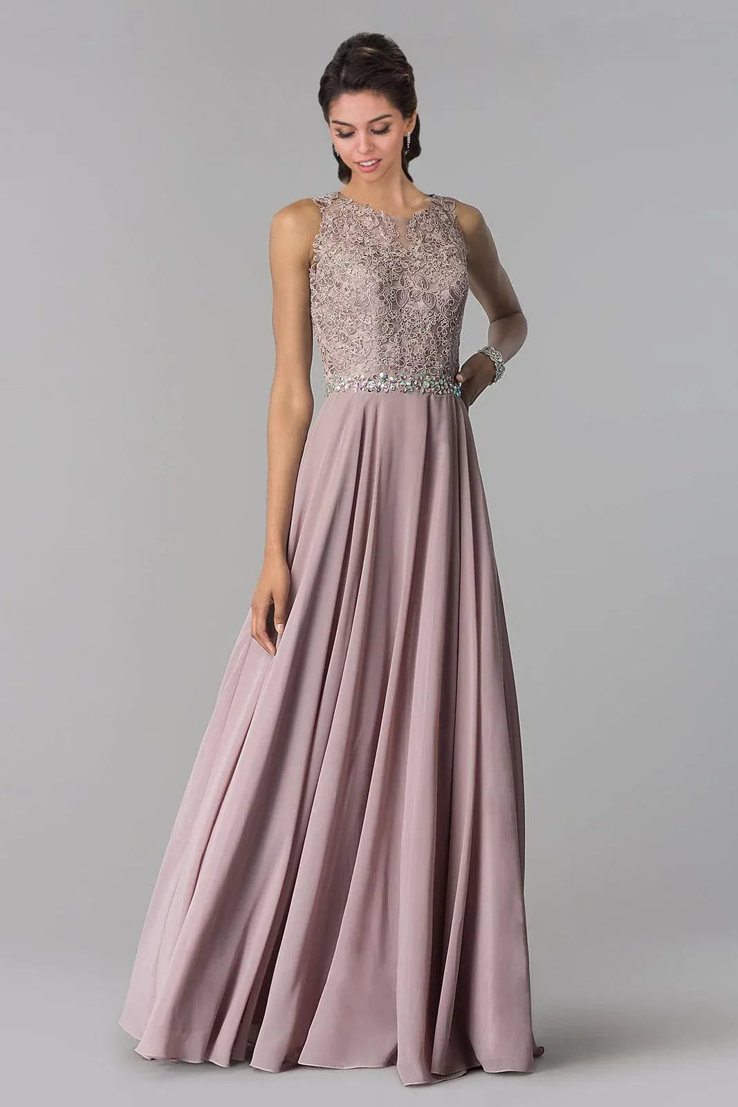 Loverlm navy blue lace A-line floor-length Prom Dress front view